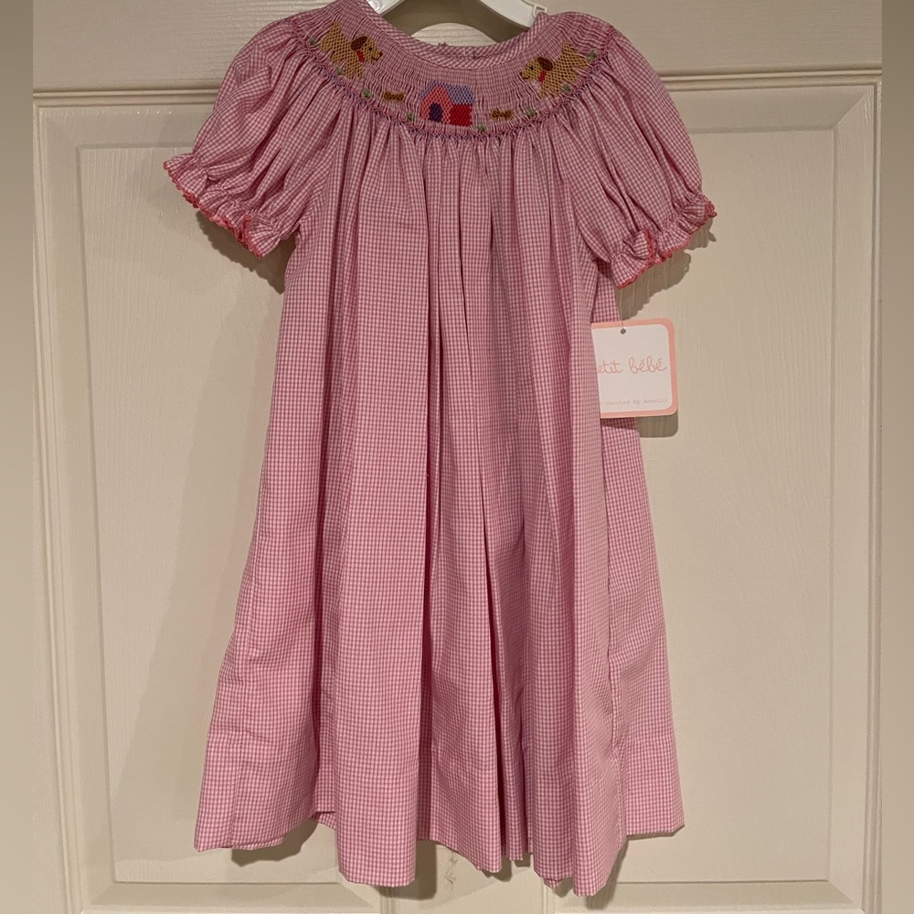 Petit Bebe Smocked Puppy Bishop Dress Micro Check Pink, 24mos, NWT.